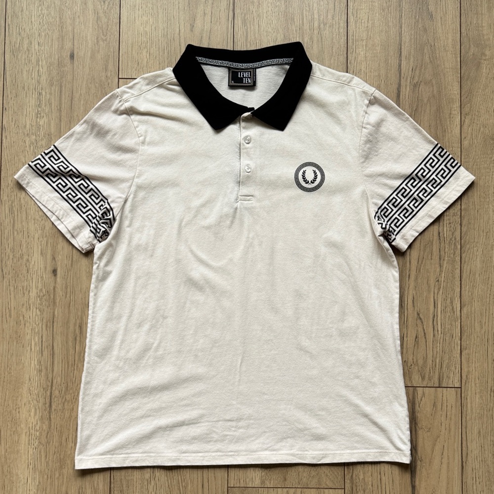 Level Ten Polo Shirt Mens XL Cream Black Greek Key Laurel Crest Short Sleeve